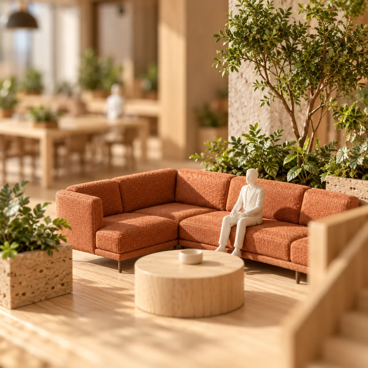 A scale-model lounge with a terracotta sofa, white figure and a circular oak table