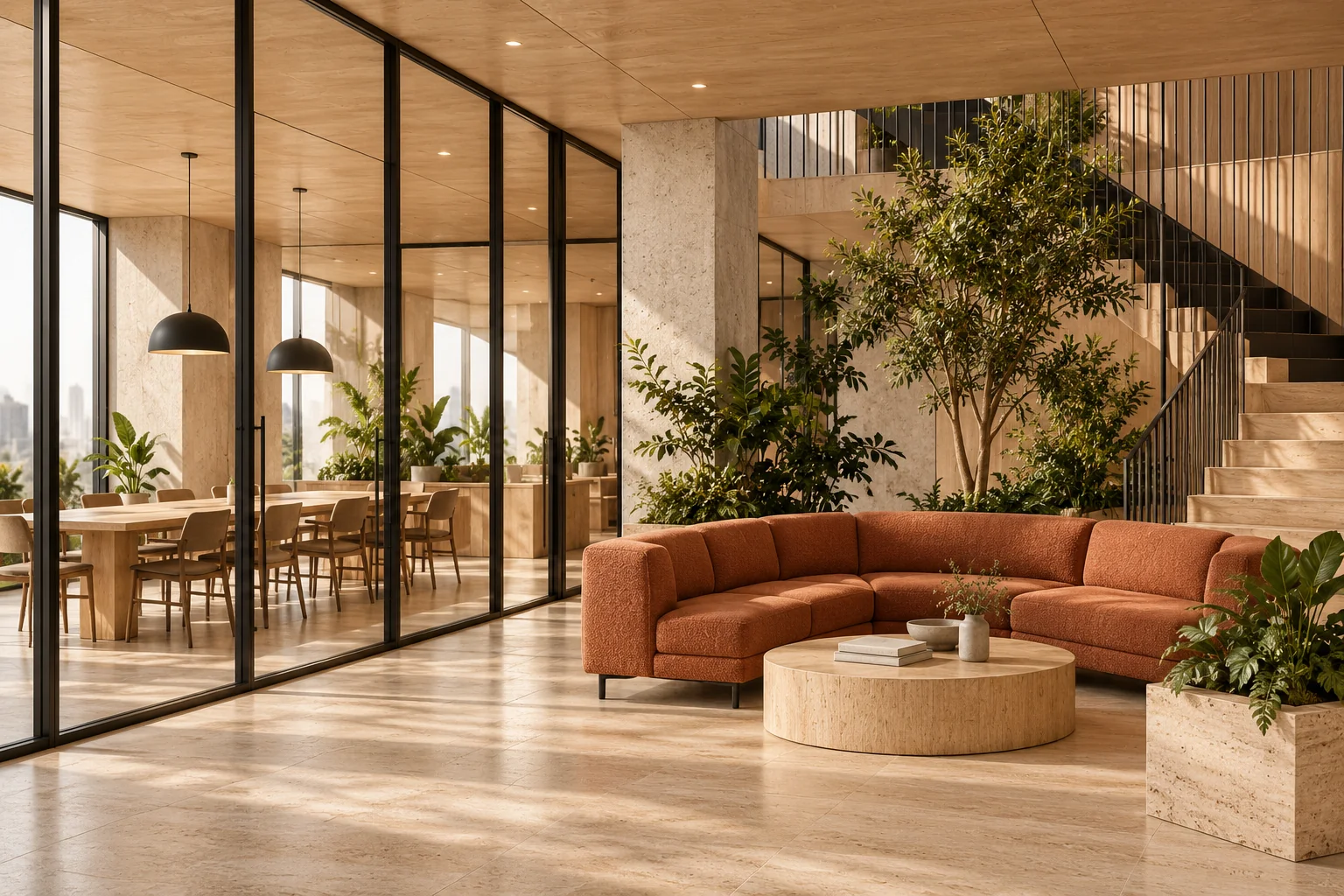 A terracotta lounge beside a glass meeting room and sculptural timber staircase