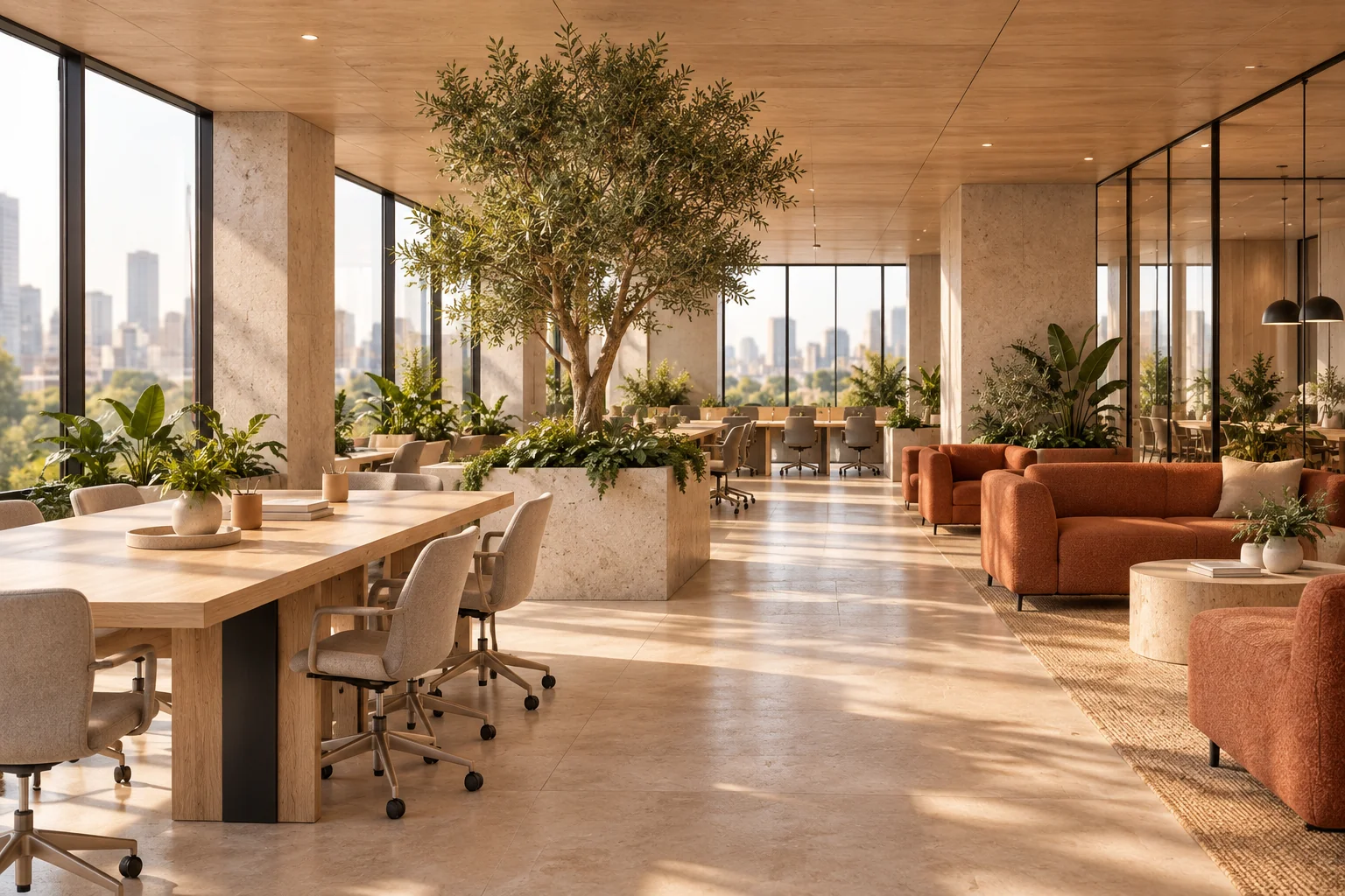 An open workplace with pale oak tables, planted dividers and warm natural light